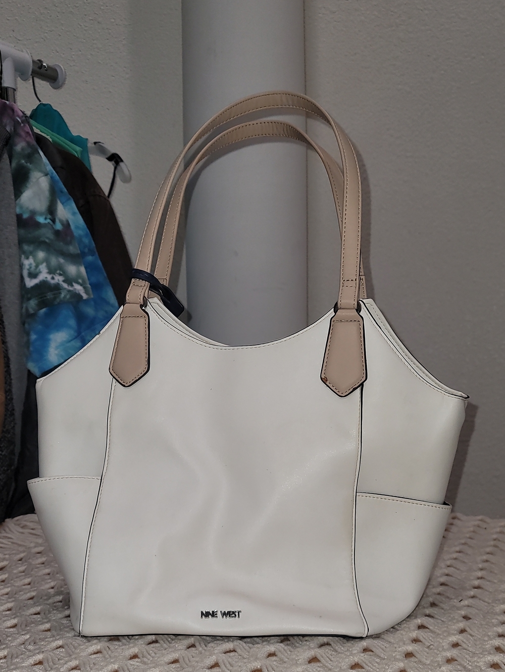 Nine West White Tote with Beige Handles